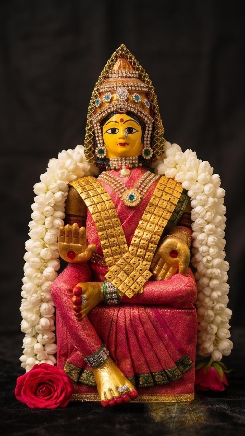 Ambal full idol in pink saree with jasmine garlands