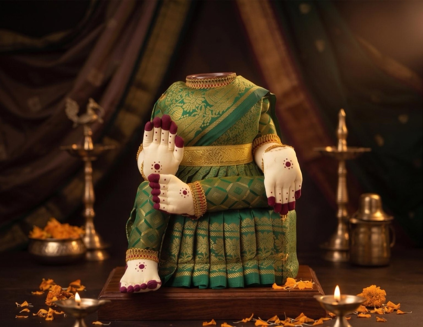 Ambal idol in green saree at pooja shrine