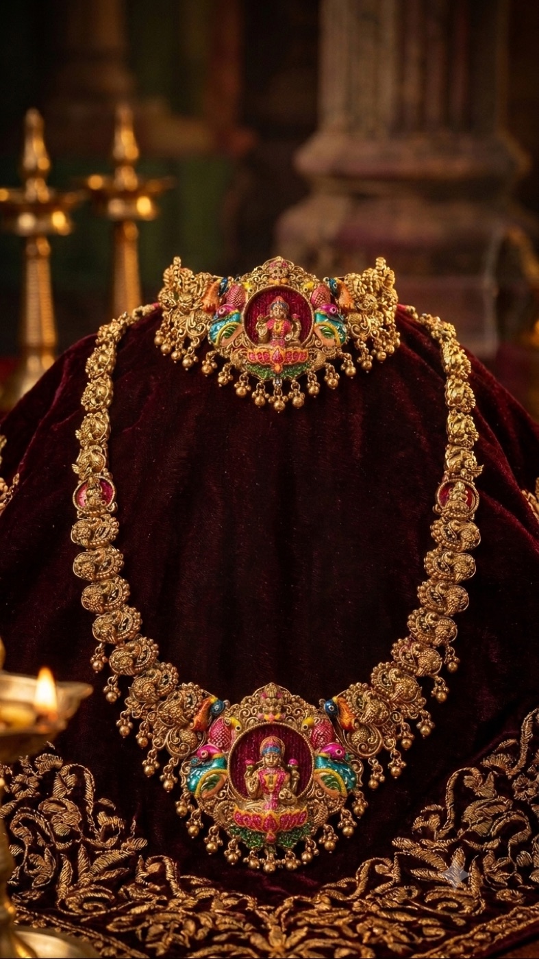 Mahalakshmi peacock temple haram on maroon velvet